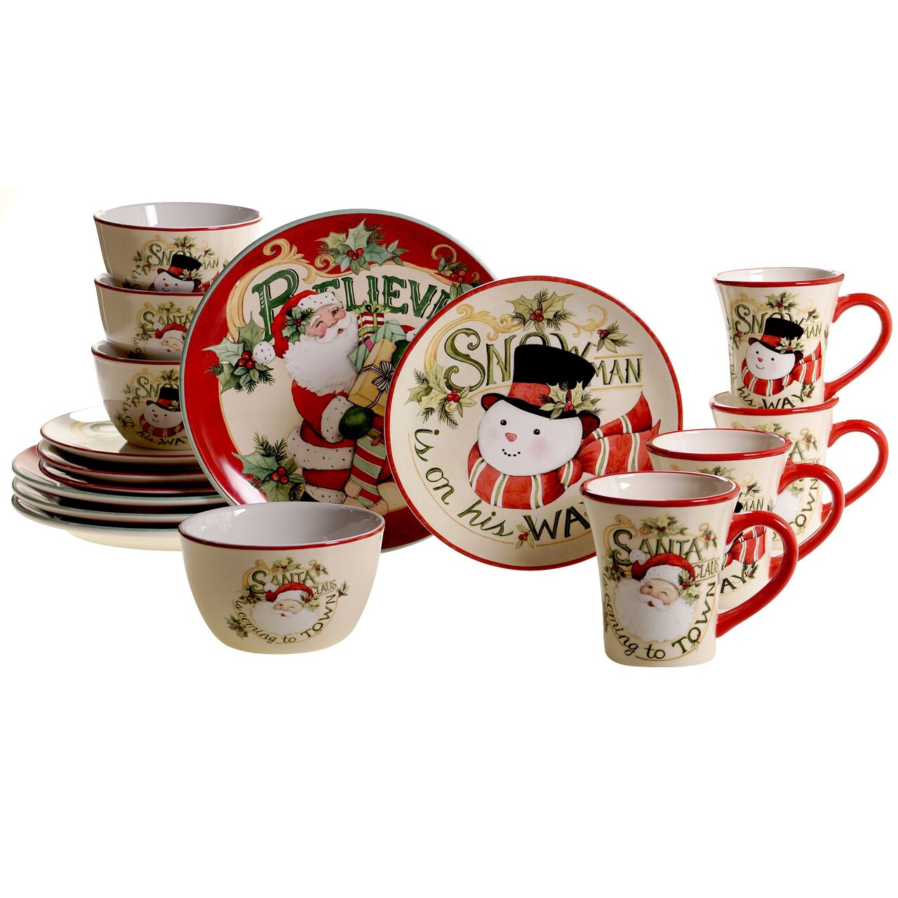 Certified International 16 Piece Santa and Snowmen Christmas Dinnerware Set